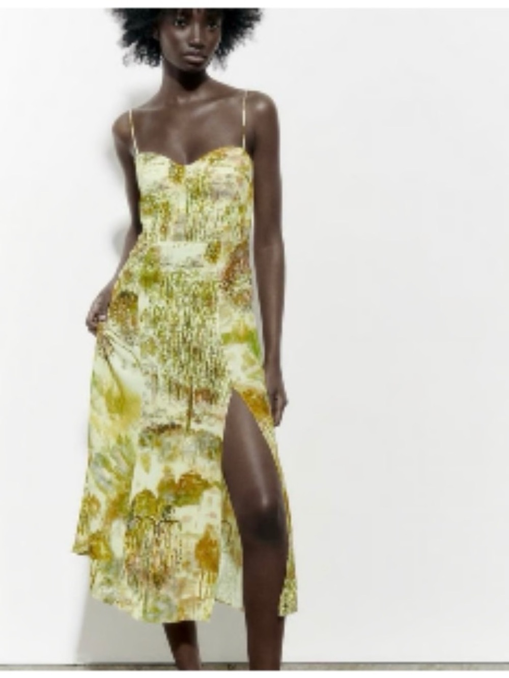 Zara Olive Green Printed Spaghetti Strap Maxi Dress - Picture 2 of 5